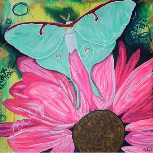 Painting Luna moth bright pink flower abstract art Dark & moody bright vibes.
